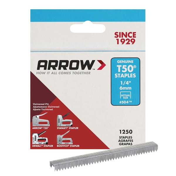 Arrow Fastener Heavy Duty Staples, 18 ga, Flat Crown, 1/4 in Leg L, Steel 50424 - main